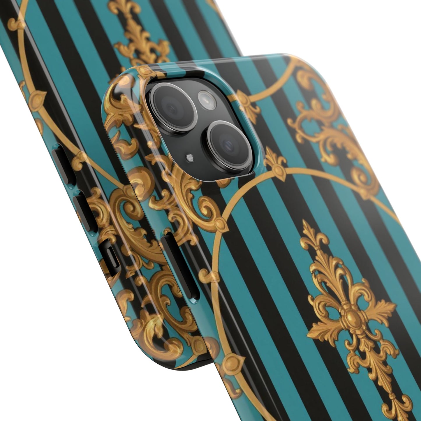 Elegant Turquoise & Black Striped Gold Baroque Phone Case, Tough Phone Cases for Fashion Lovers, Gift for Her, Luxury Accessories
