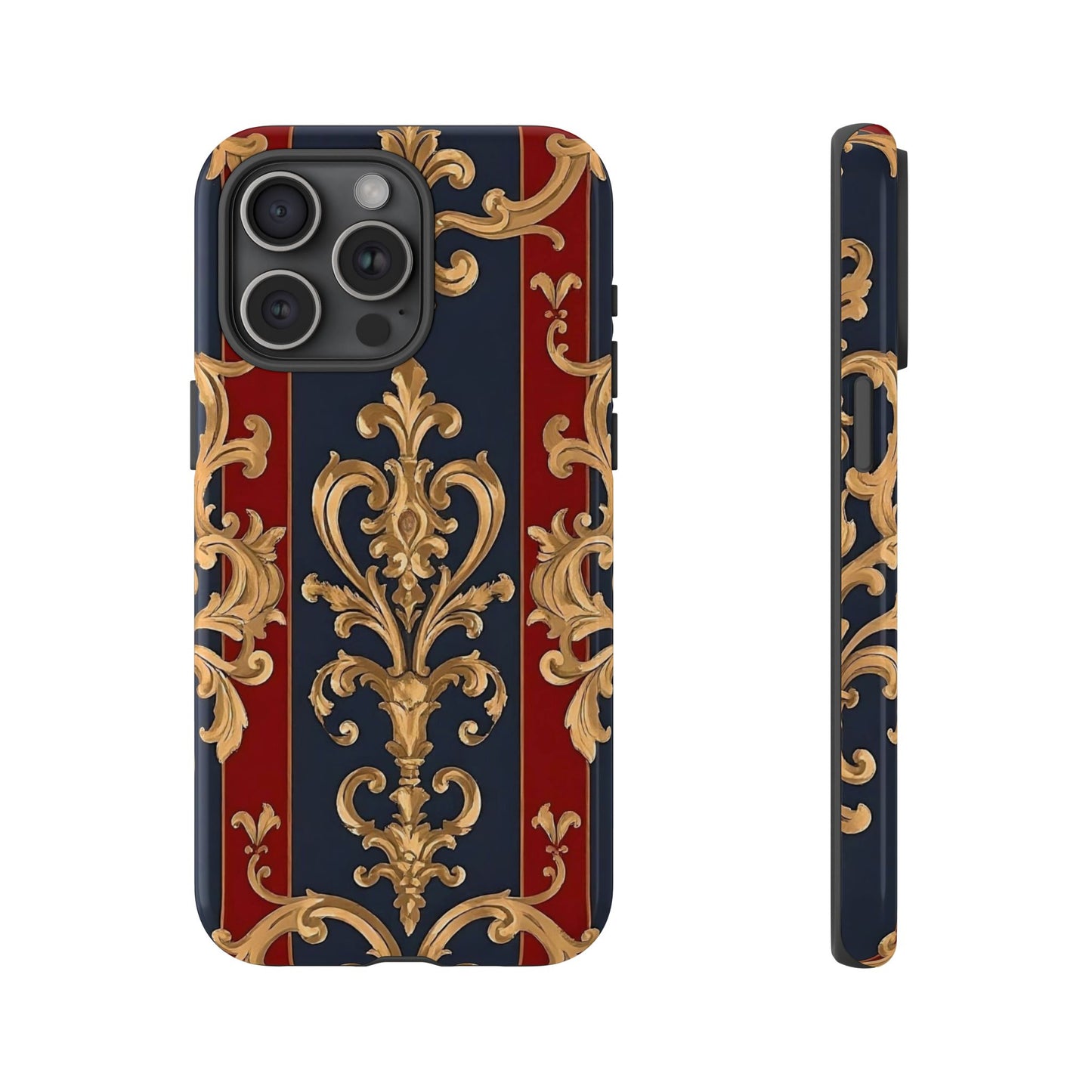 Elegant Floral Motif Phone Case - Tough Cases with Vintage Design - Midnight Blue & Dusk Red Striped Gold Damask