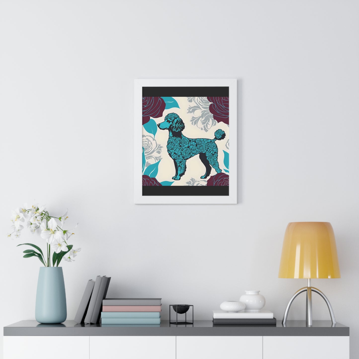 Vertical Poster - Stylish Framed - Art for Home Decor - Rose Inspired Turquoise Poodle With Burgundy Roses