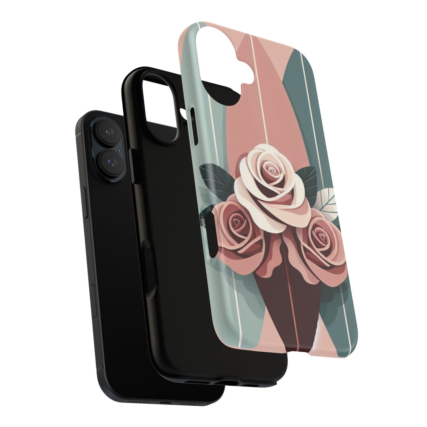 Phone Case - Burgundy, Matte Mauve & Teal Surfboard & Roses Design