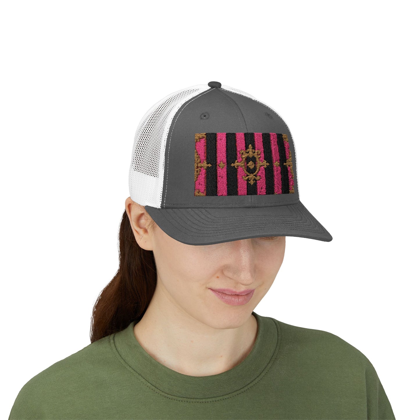 Stylish Snapback Trucker Cap with Black & Mauve Striped Gold Baroque, Trendy Fashion Hat, Perfect Gift for Him/Her