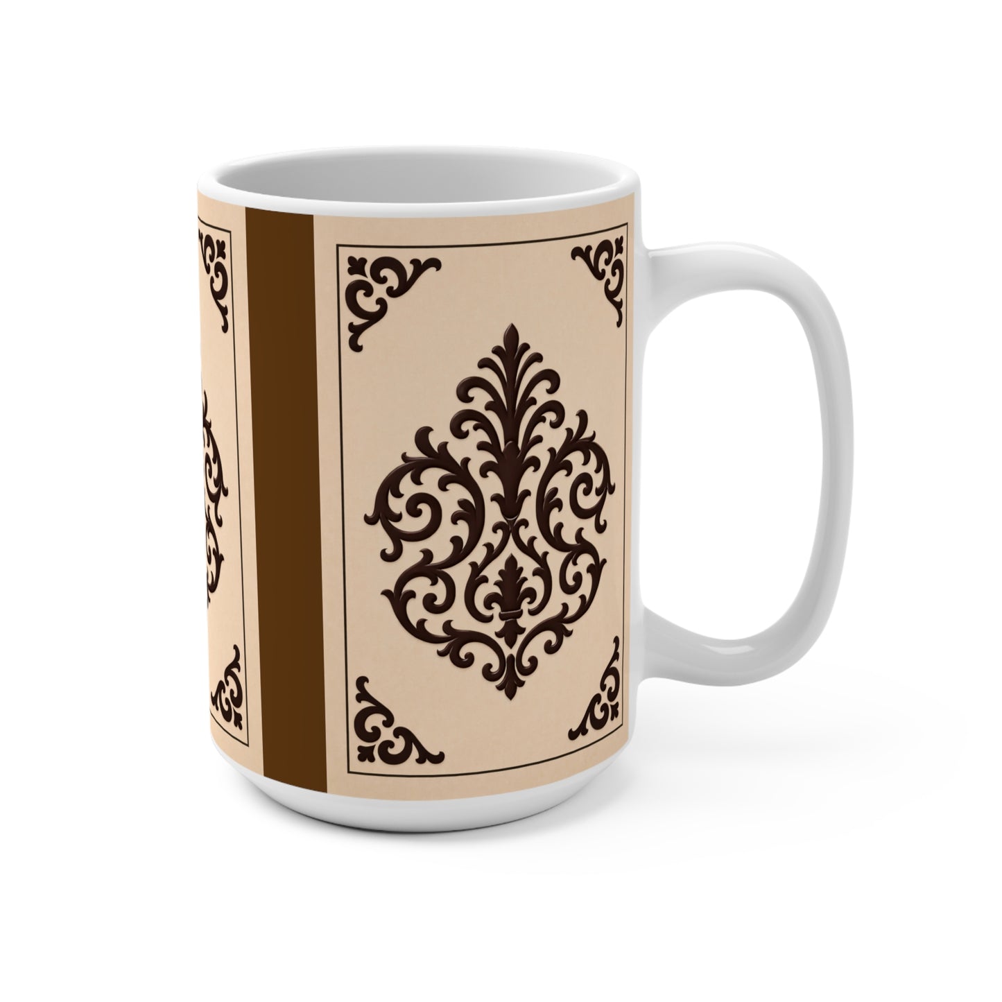 Almond-Beige & Brown Baroque 15oz Mug — Classic Brown Vintage Baroque Coffee Cup - White