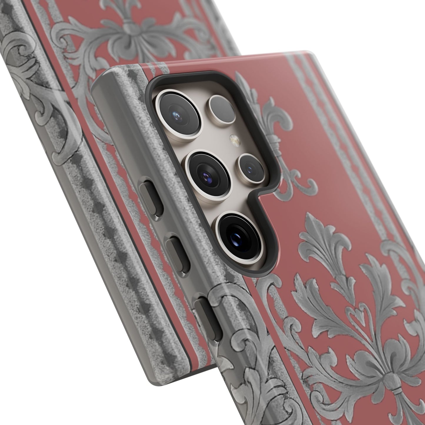 Elegant Floral Phone Case - Tough Cases for Stylish Protection - Gray & Mauve Striped Baroque