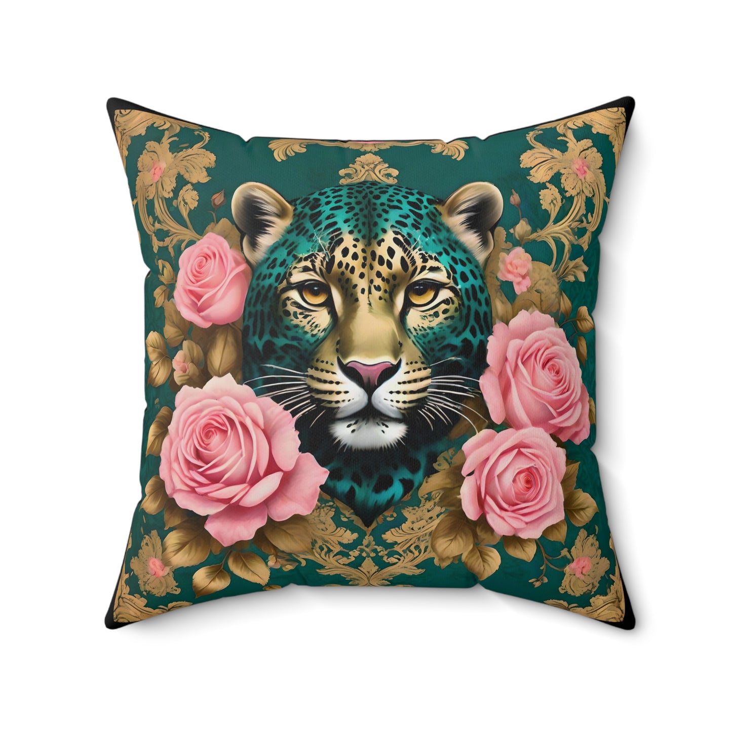 Floral Leopard Print Pillow, Decorative Cushion for Living Room - Teal Leopard