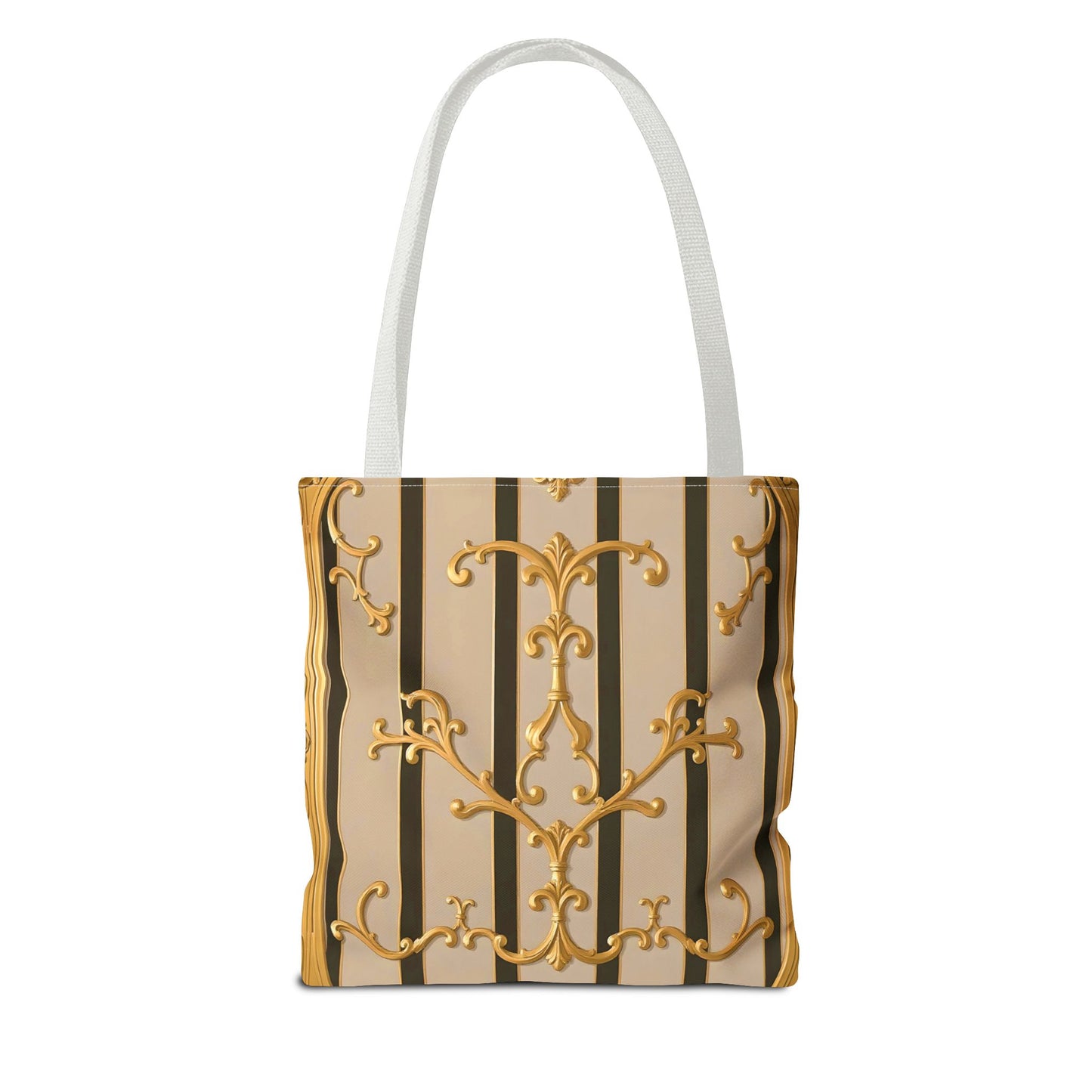 Elegant Gold Pattern Tote Bag - Stylish Carryall for Everyday Use, Eco-Friendly Shopping, Gift for Her - Beige Striped Gold Rococo