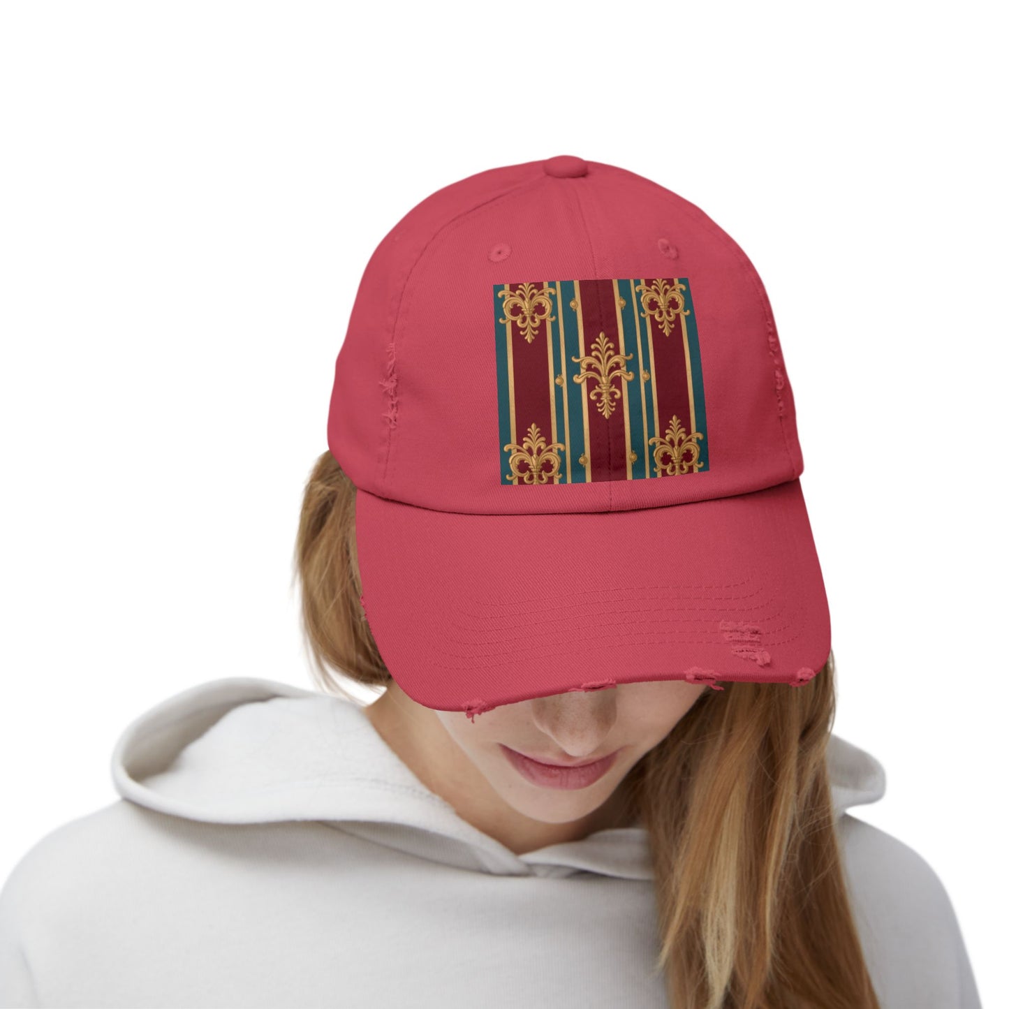 Stylish Unisex Distressed Cap with Vintage Striped Design, Casual Wear, Outdoor Activities, Gift for Him/Her - Burgundy Striped Gold Baroque