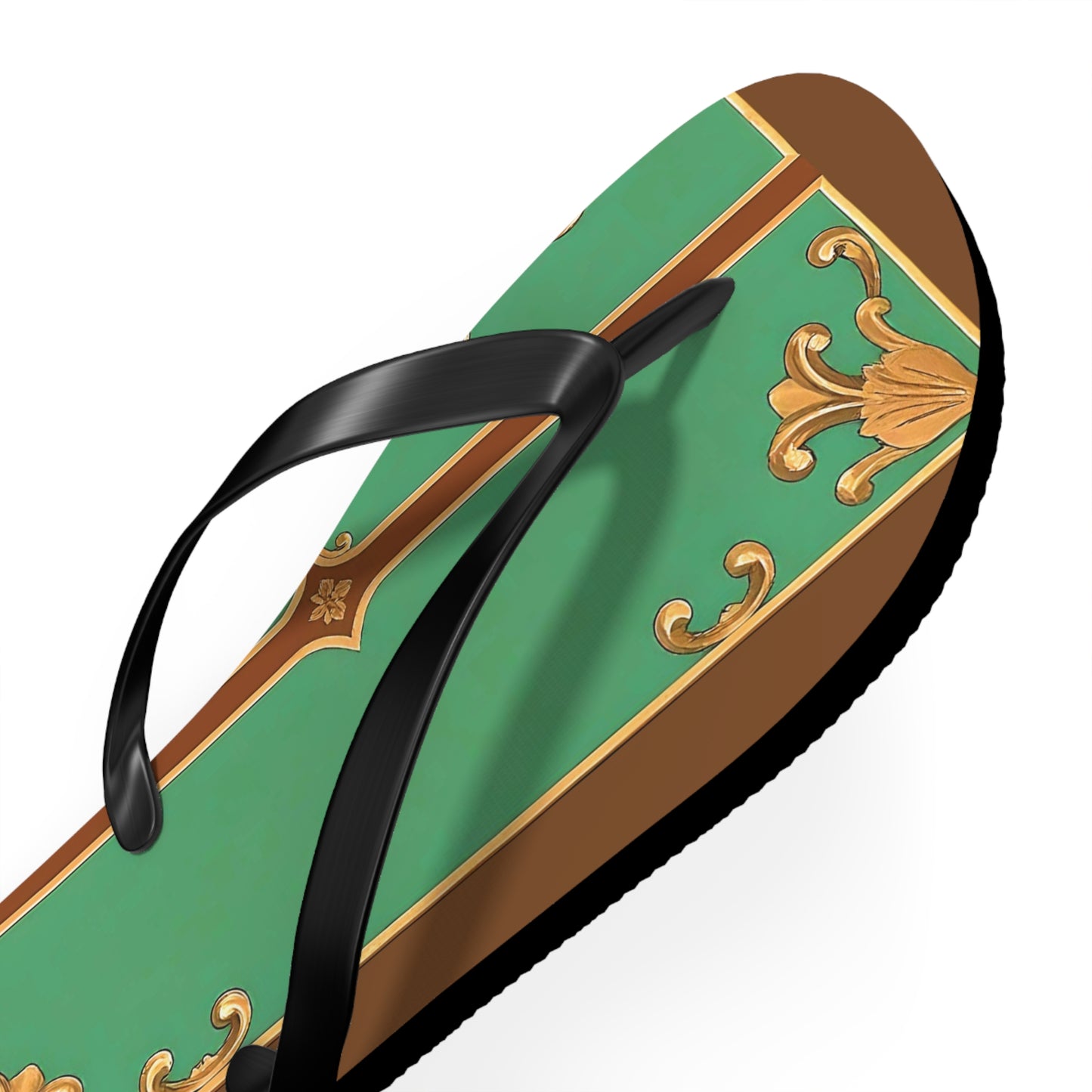 Elegant Floral Flip Flops for Summer Getaways - Rust & Green Striped Baroque