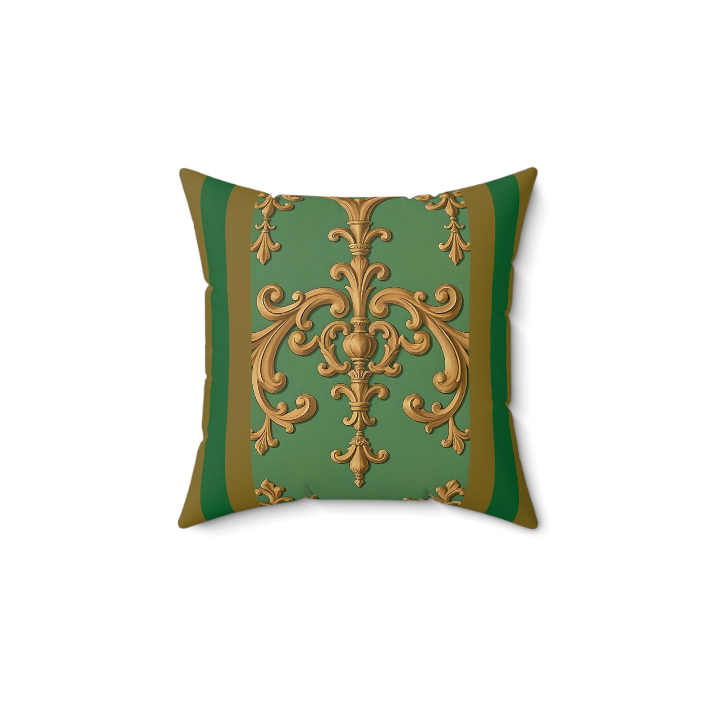 Elegant Faux Suede Square Pillow with Gold Floral Design, Throw Pillow, Home Decor, Living Room Accent, Gift for Her - Olive Green Striped Rococo