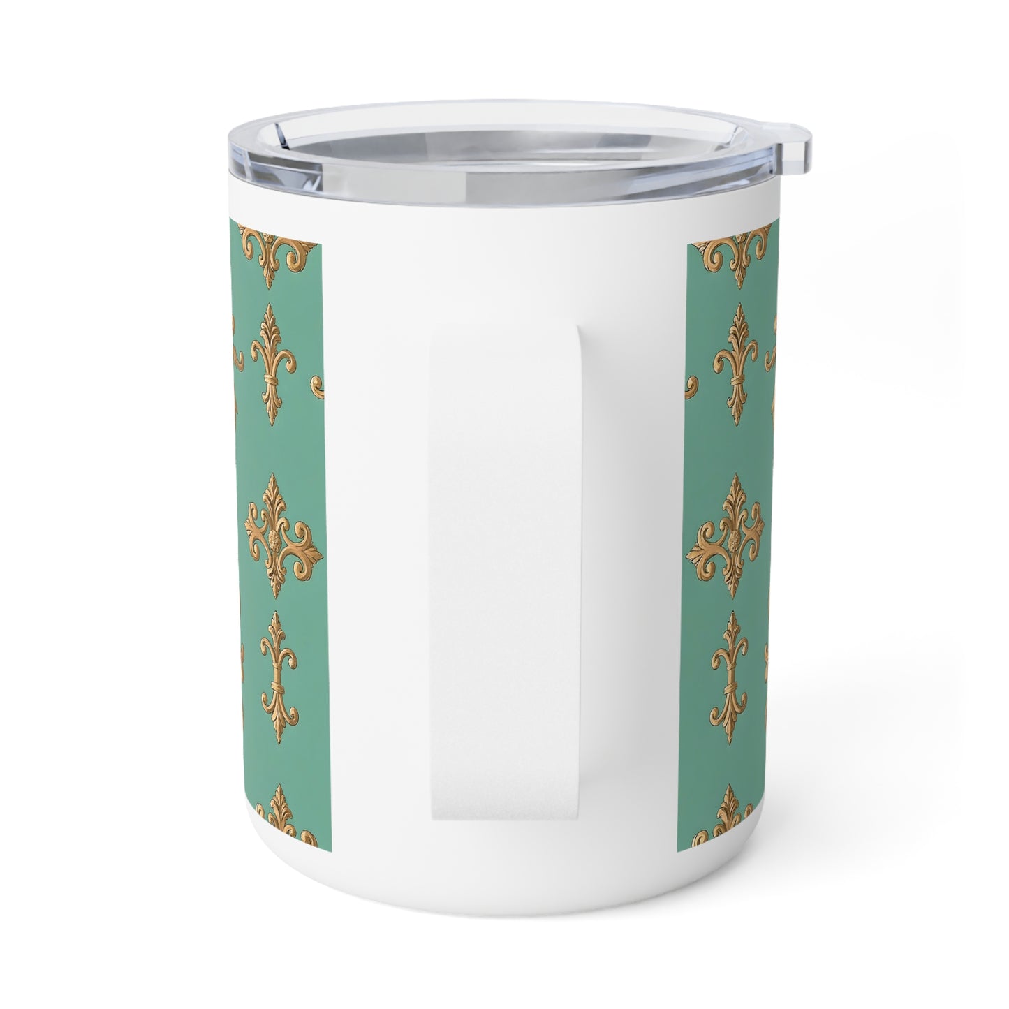 Elegant Vintage Insulated Coffee Mug - 10oz Ornate Design - Rust & Mint Aqua Striped Baroque