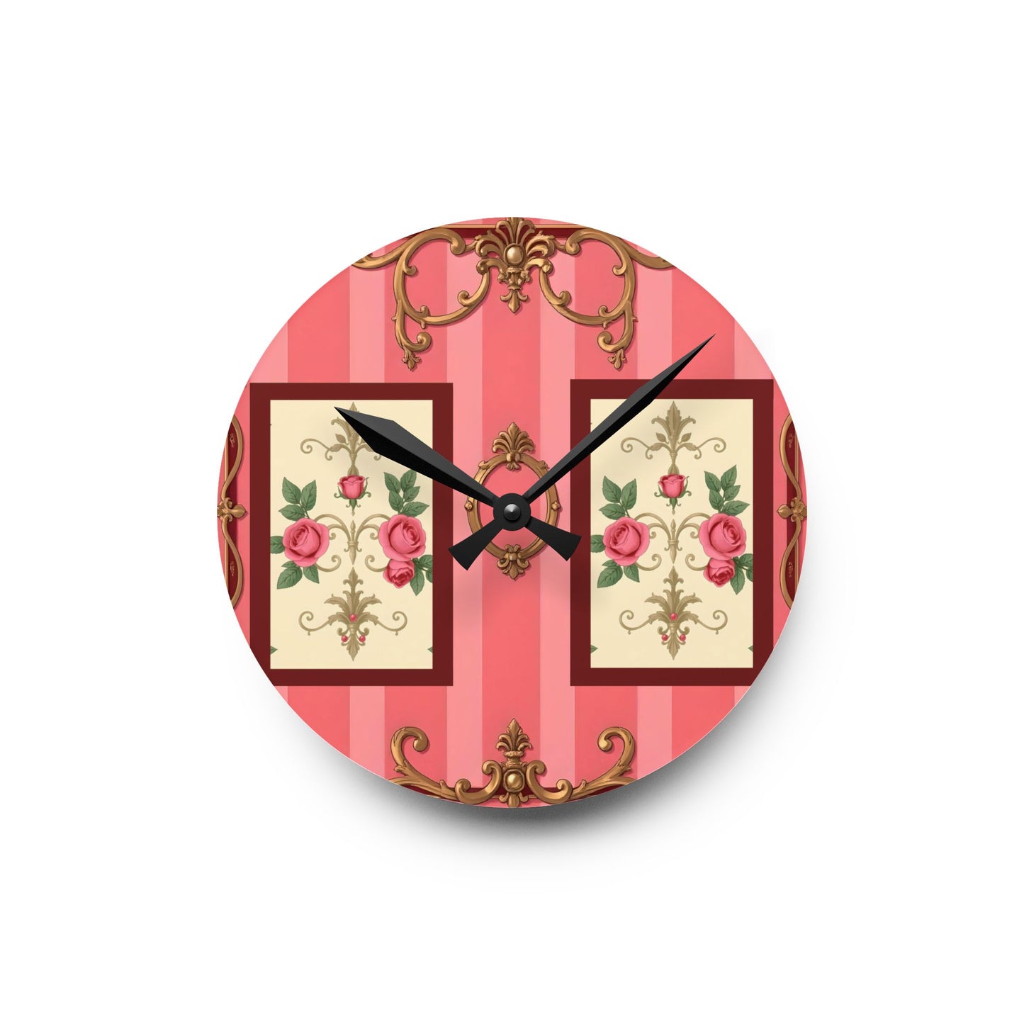 Vintage-Inspired Acrylic Wall Clock with Floral Design - Pink Striped Baroque & Roses