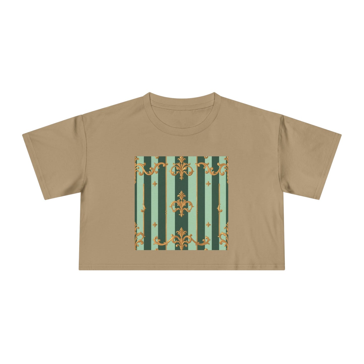 Chic Women's Crop Tee with Elegant Patterns, Fashion Top, Summer Style, Trendy Outfit, Gift for Her - Mint Green & Teal Striped Gold Baroque