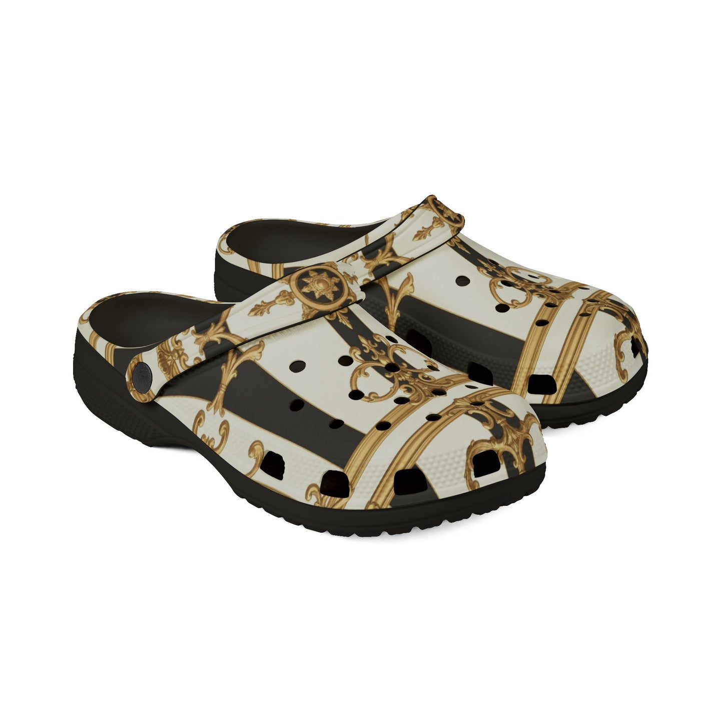 Chic EVA Foam Rubber Clogs, Stylish Gardening Shoes, Unique Pattern Slippers, Trendy Indoor/Outdoor Footwear - Black & White Striped Gold Baroque