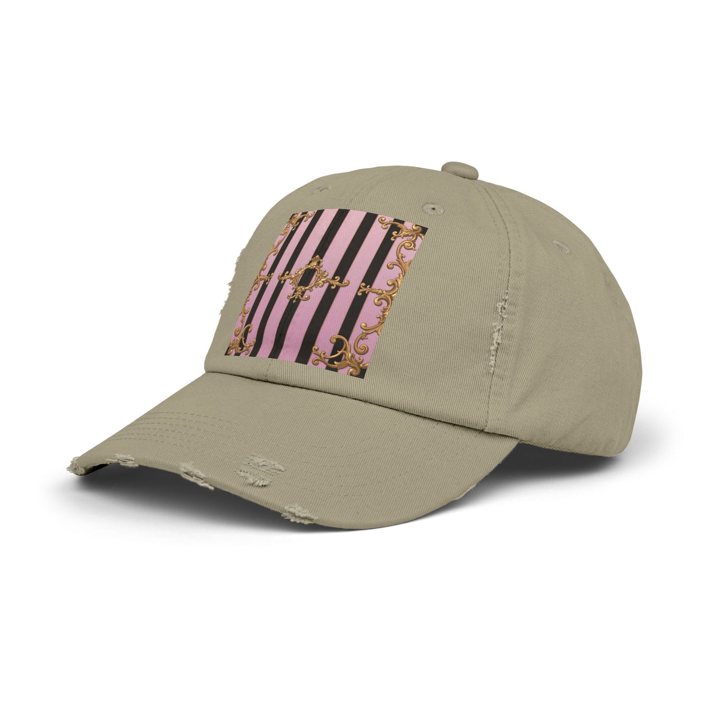 Chic Distressed Cap, Trendy Fashion Accessory, Summer Style Hat, Unique Gift for Her - Matte Lavender & Black Striped Gold Baroque