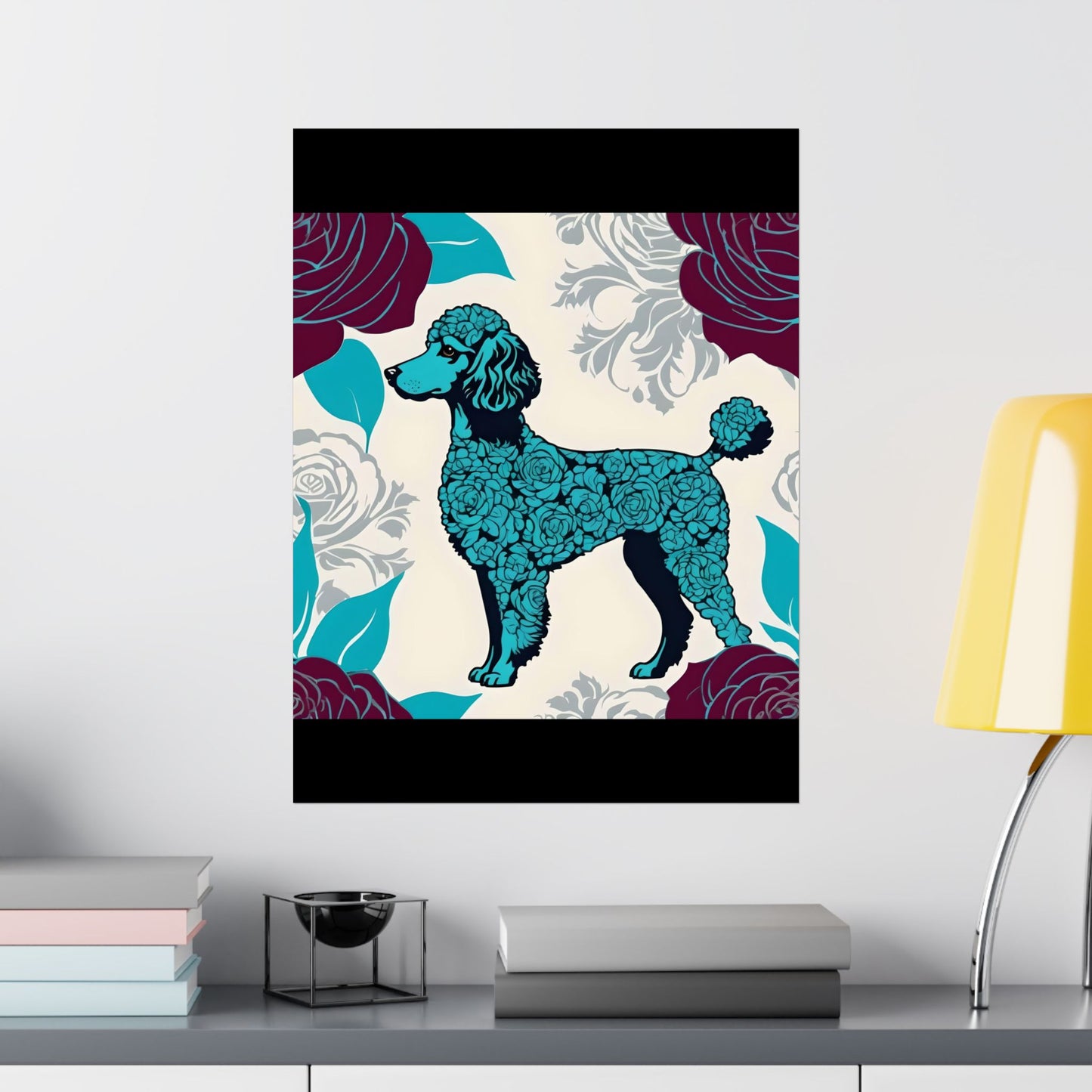 Vertical Poster - Elegant Matte Floral Art Wall Decor - Rose Inspired Turquoise Poodle With Burgundy Roses