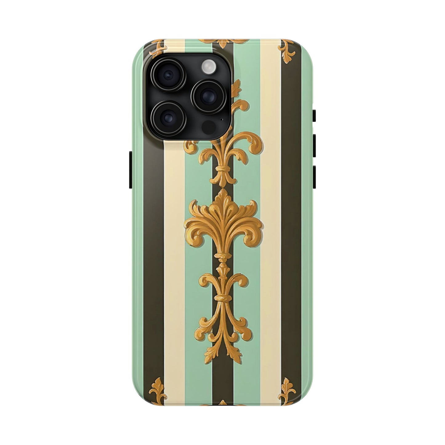 Elegant Floral Tough Phone Cases - Stylish Protection for All Occasions, Gifts for Her, Phone Covers - Black & Matte Mint Striped Rococo
