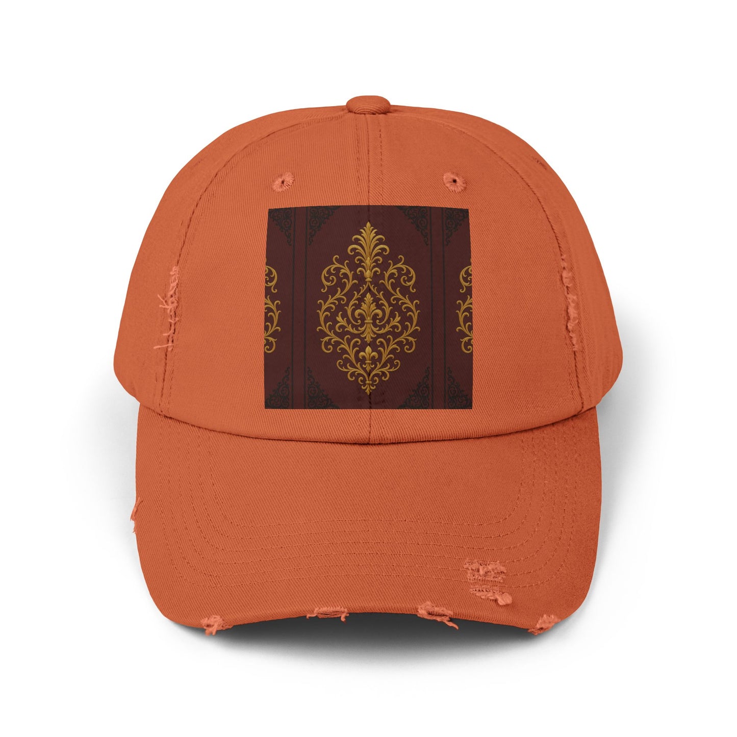 Dusk Burgundy-Black & Gold Baroque Distressed Black Cap with Vintage Gold Baroque Panel – Elegant Retro Baseball Hat