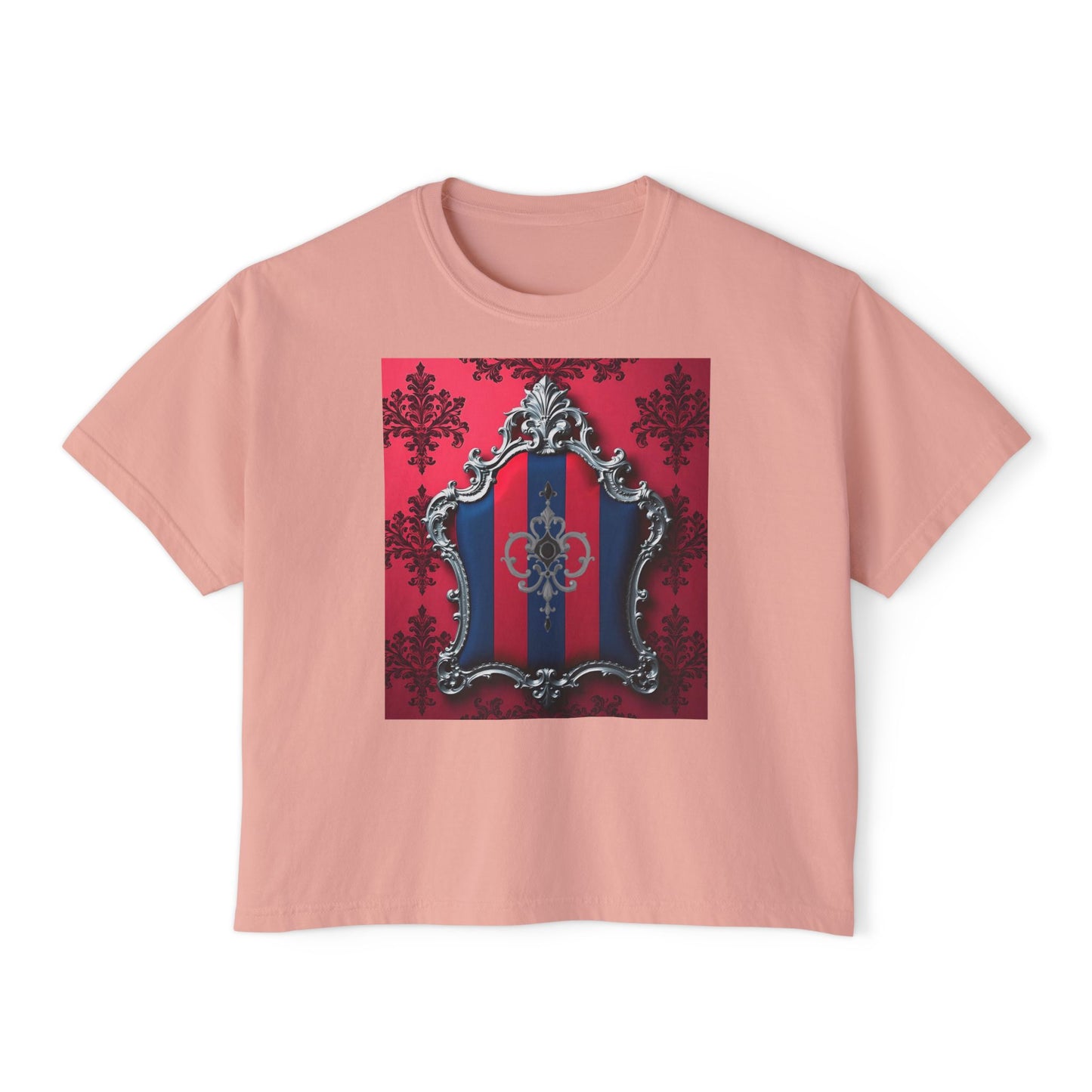 Vintage-Inspired Women's Boxy Tee, Retro Graphic Top, Casual Summer Shirt, Trendy Fashion Tee, Gift for Her - Blue & Red Striped Silver Crest