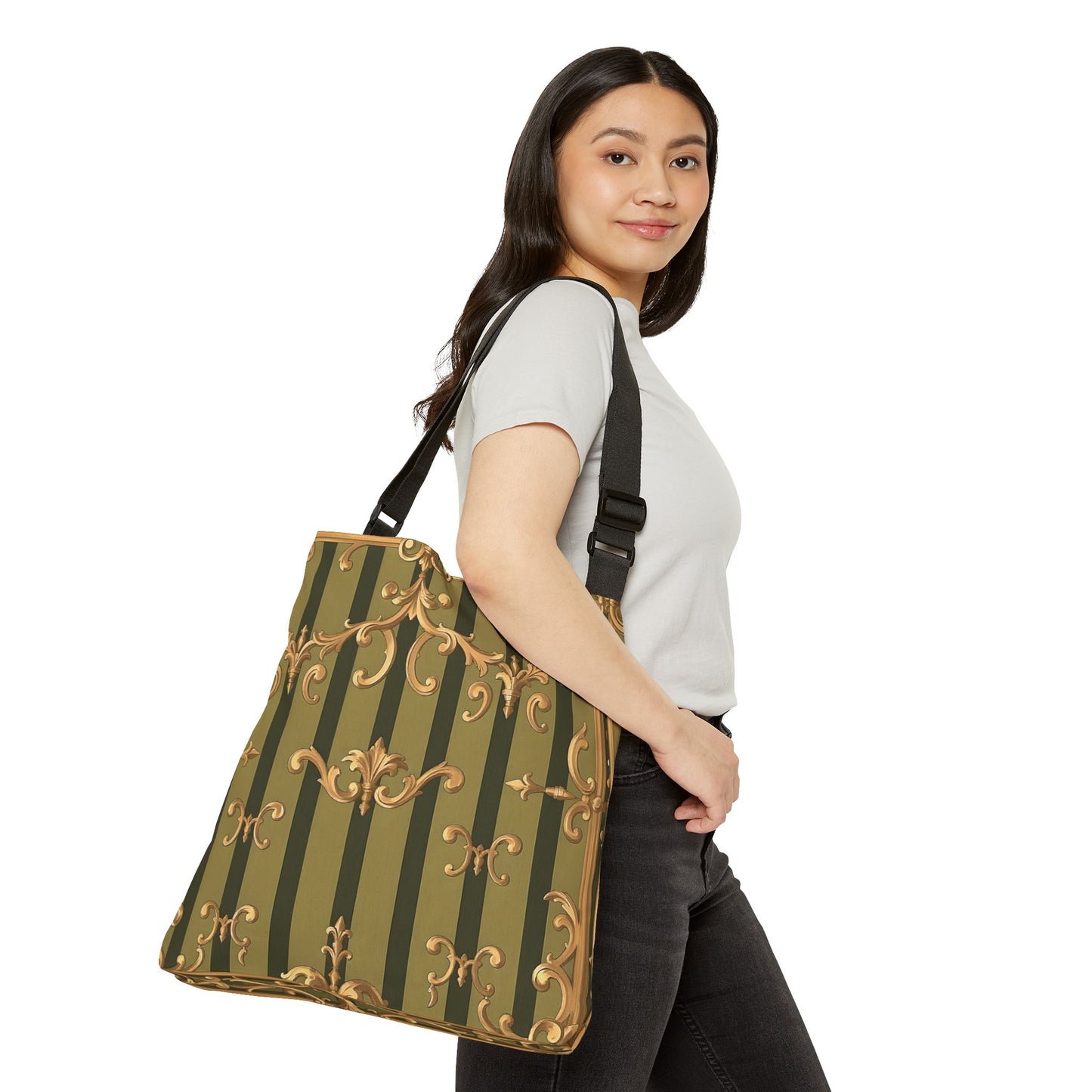 Chic Adjustable Tote Bag with Elegant Stripes, Perfect for Everyday Use, Shopping, Gifts - Olive Green Striped Rococo