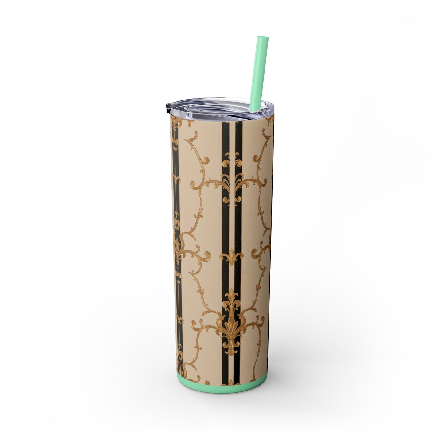 Elegant Gold Patterned Skinny Tumbler with Straw, 20oz | Stylish Travel Mug, Gift for Her, Fancy Drinkware - Black & Beige Striped Damask