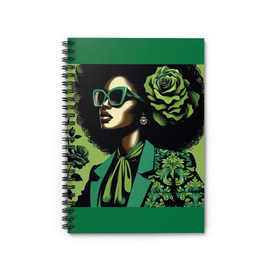 Chic Afro-Influenced Spiral Notebook - Ruled Lines, Gift for Art Lovers, Journal for Thoughts, Stylish Stationery - Lady in Green Damask
