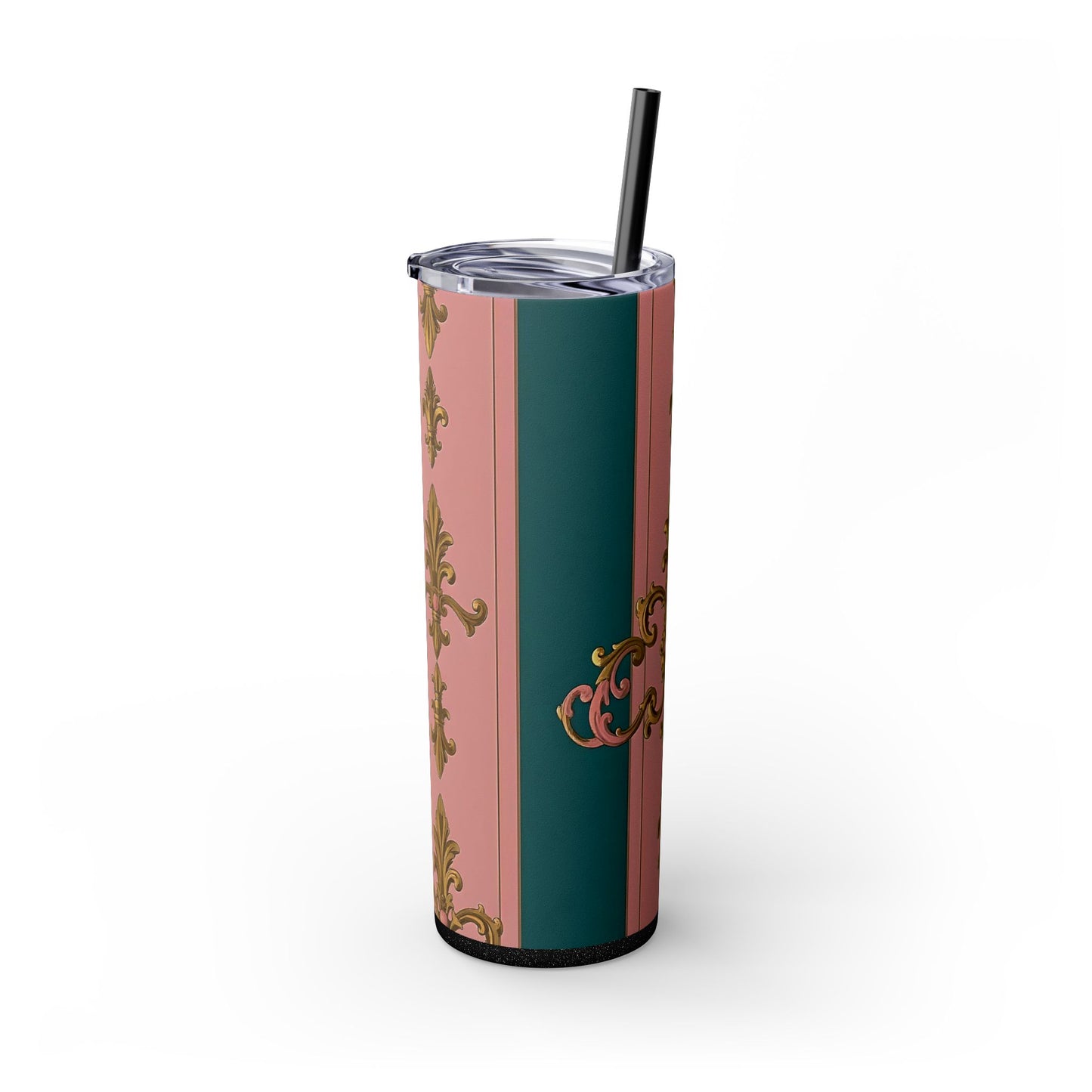 Elegant Pink and Green Skinny Tumbler with Straw, 20oz - Ideal for Gifts, Travel, Home, Events - Pink & Teal Striped Gold Baroque