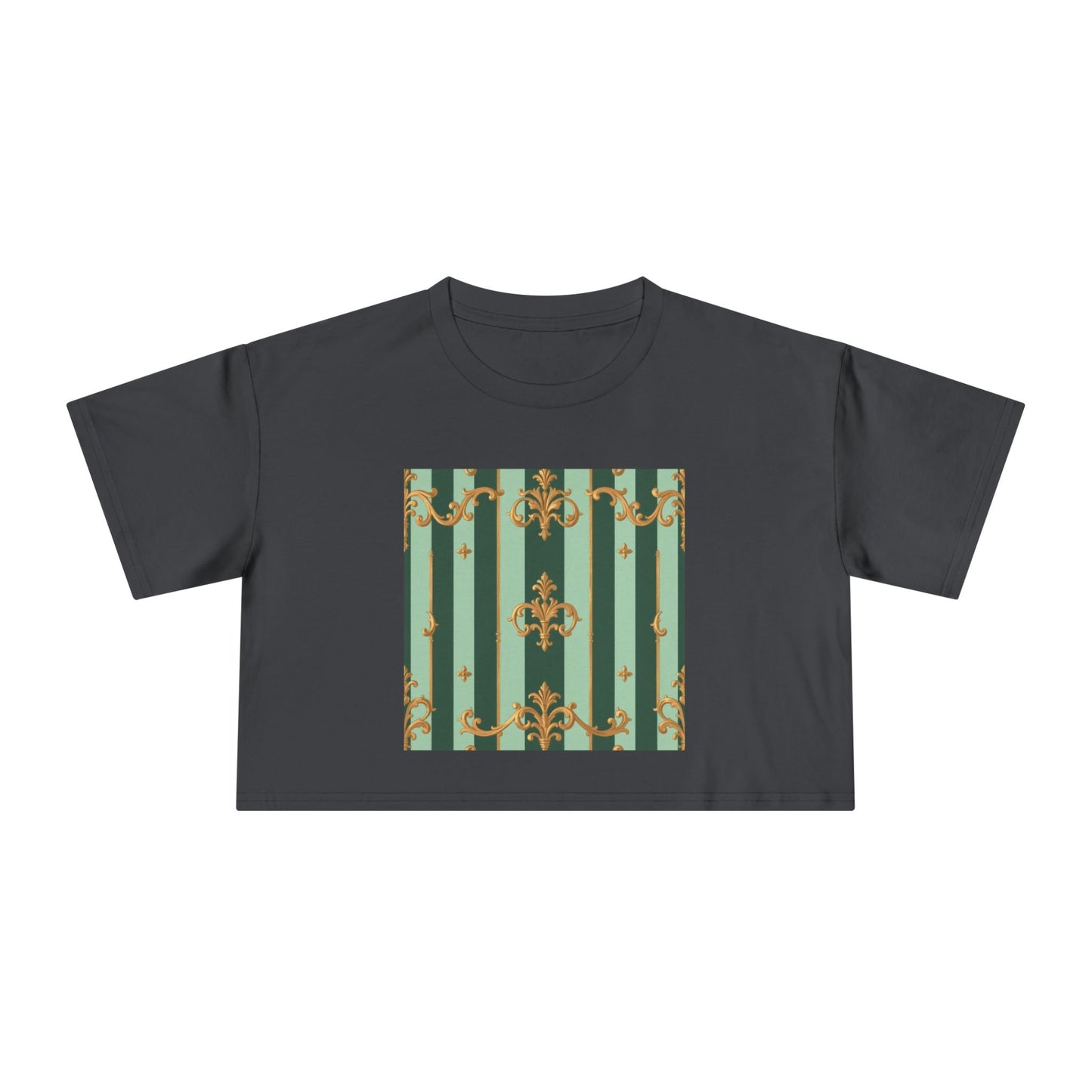 Chic Women's Crop Tee with Elegant Patterns, Fashion Top, Summer Style, Trendy Outfit, Gift for Her - Mint Green & Teal Striped Gold Baroque