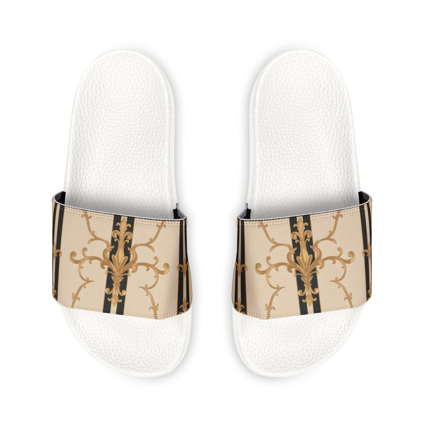Chic Women's Sandals, Stylish Slip-On Footwear, Summer Essentials, Vacation Shoes, Trendy Outdoor Slides - Black & Beige Striped Damask
