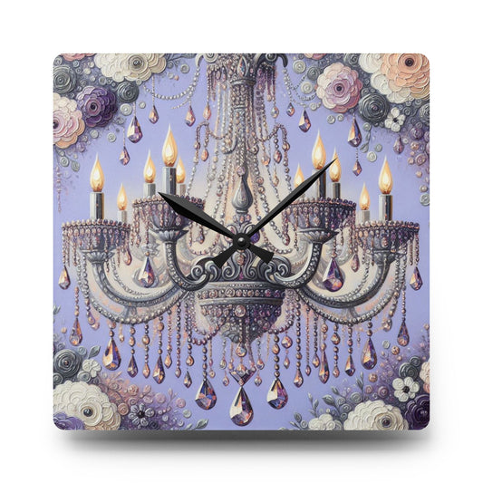Elegant Chandelier Acrylic Wall Clock, Decorative Clock, Unique Home Decor, Vintage Style Wall Art, Gift for Her - Lilac Jeweled Chandelier