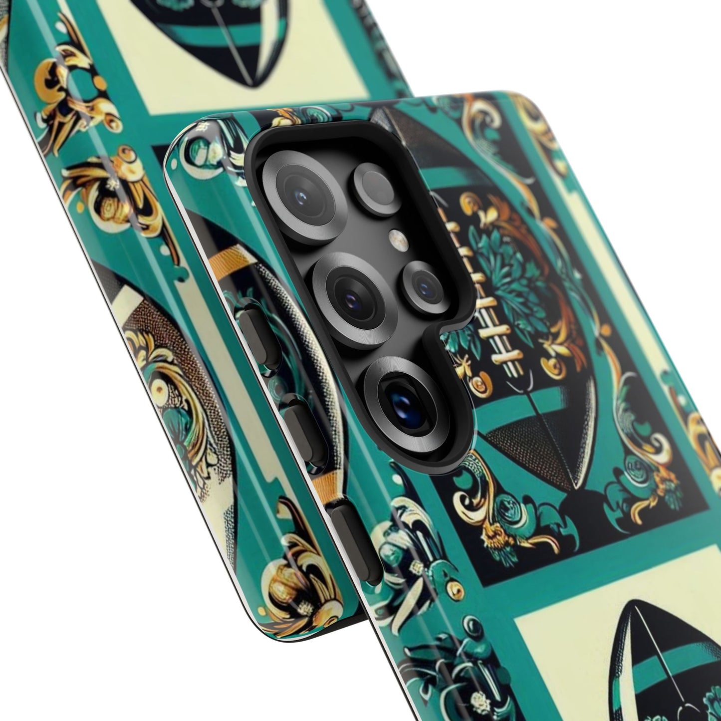 Elegant Floral Motif Phone Case - Tough Cases with Vintage Design -  Damask Teal, Gold & Black Footballs