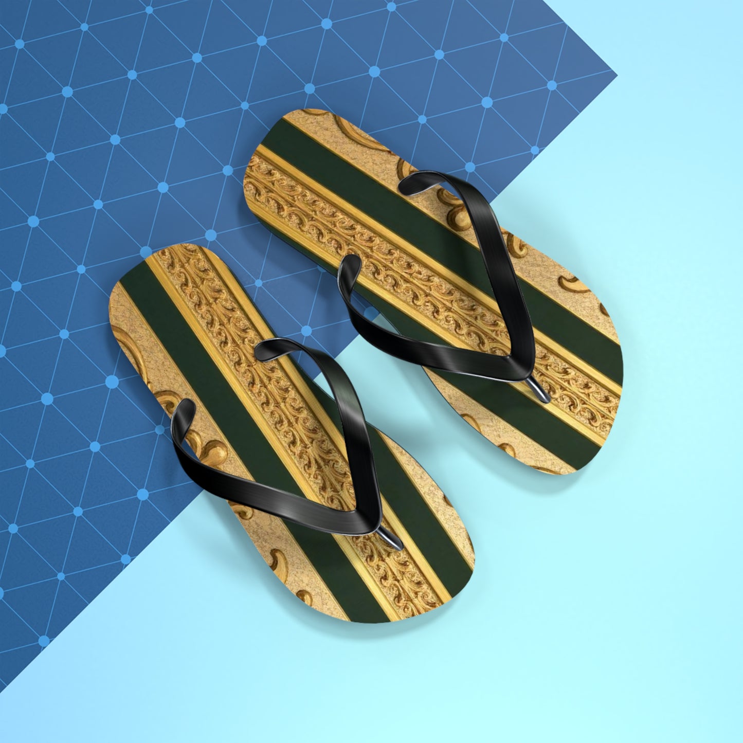 Elegant Teal Striped Gold Baroque Flip Flops, Summer Sandals, Beach Footwear, Vacation Essentials, Stylish Slippers, Poolside Accessories