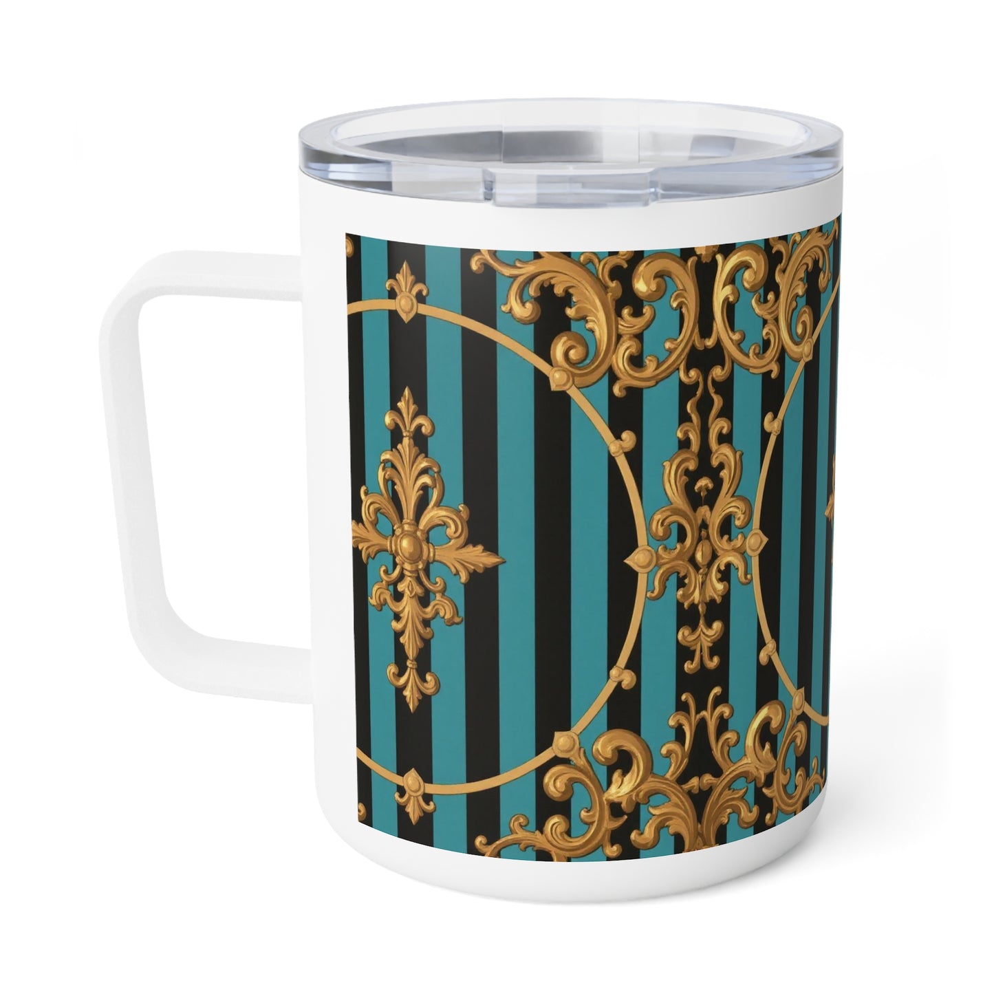 Elegant Turquoise & Black Striped Gold Baroque Insulated Coffee Mug, 10oz - Vintage Design for Coffee Lovers, Perfect Gift for Birthdays