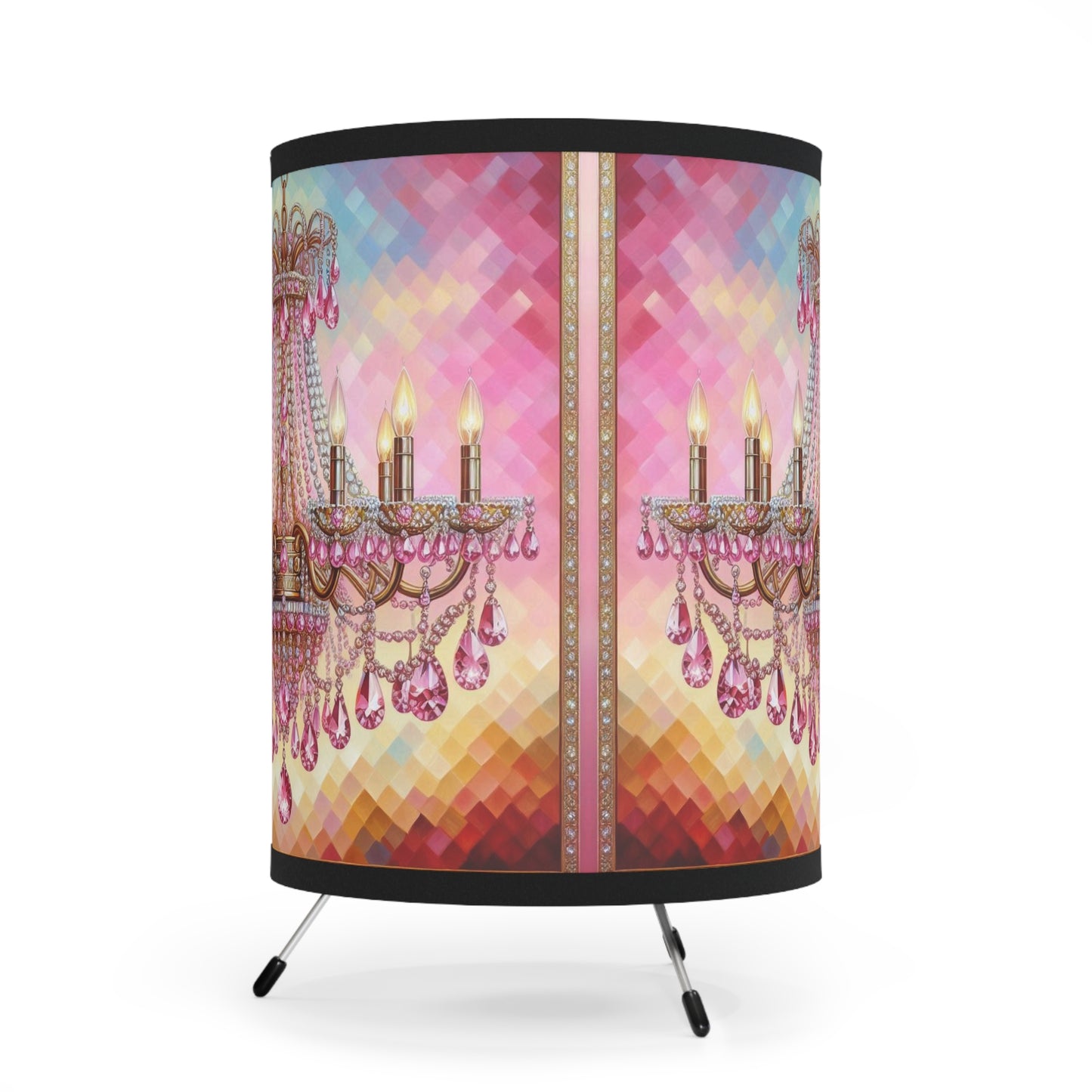 Chic Tripod Lamp with Elegant Chandelier Print, Glam Home Decor, Unique Lighting, Stylish Accent, Bedroom or Living Room - Pink Jeweled Chandelier