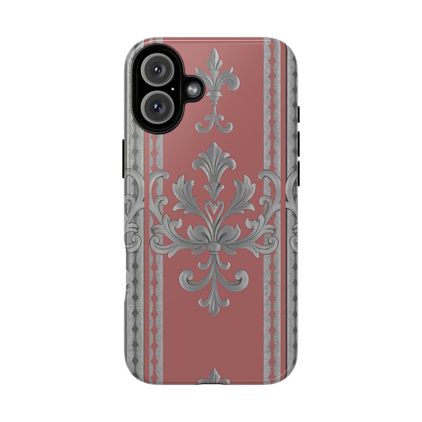 Elegant Floral Phone Case - Tough Cases for Stylish Protection - Gray & Mauve Striped Baroque