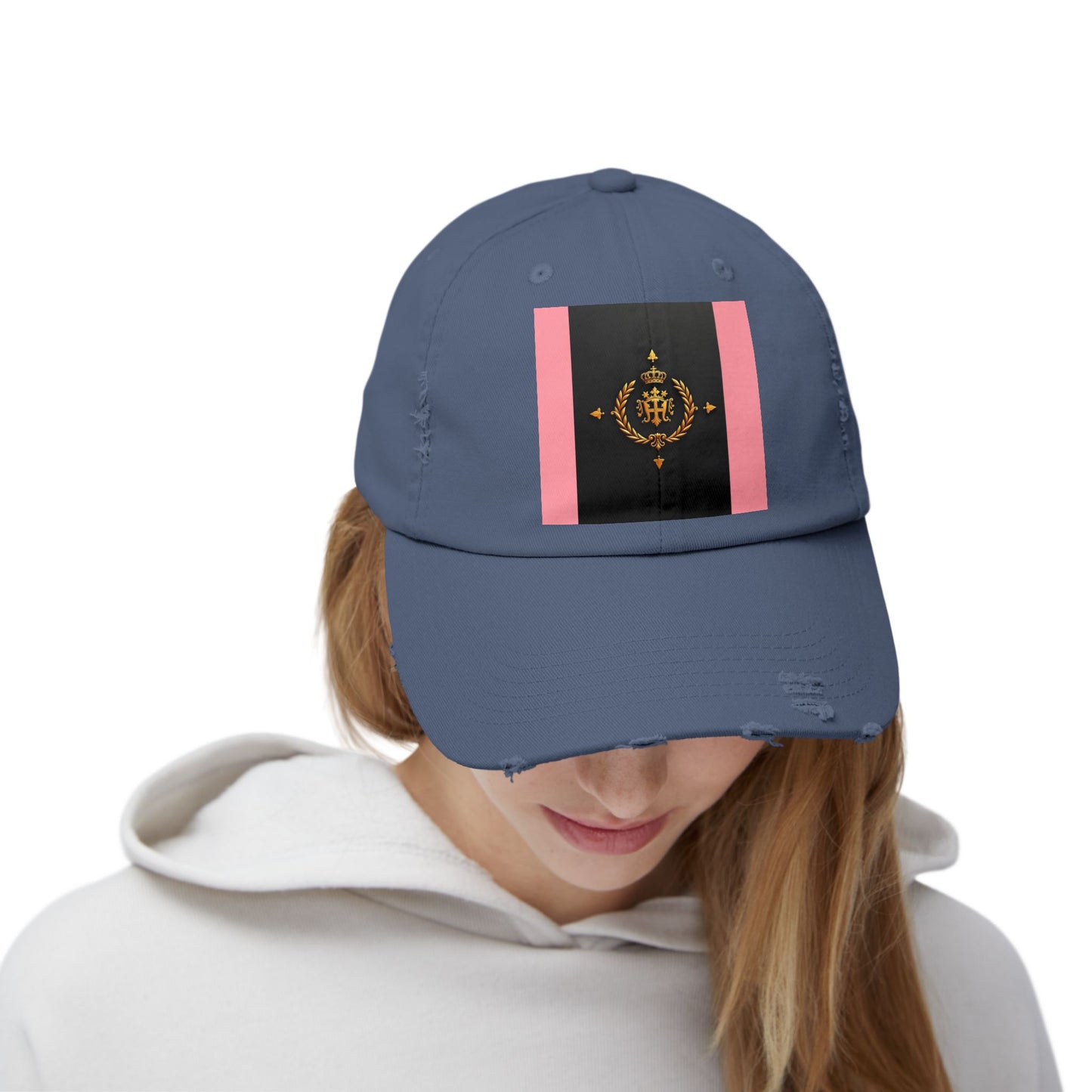 Stylish Unisex Distressed Cap with Trendy Design, Casual Accessories for Everyday Wear, Fashion Statement Cap - Pink Striped Gold Crest