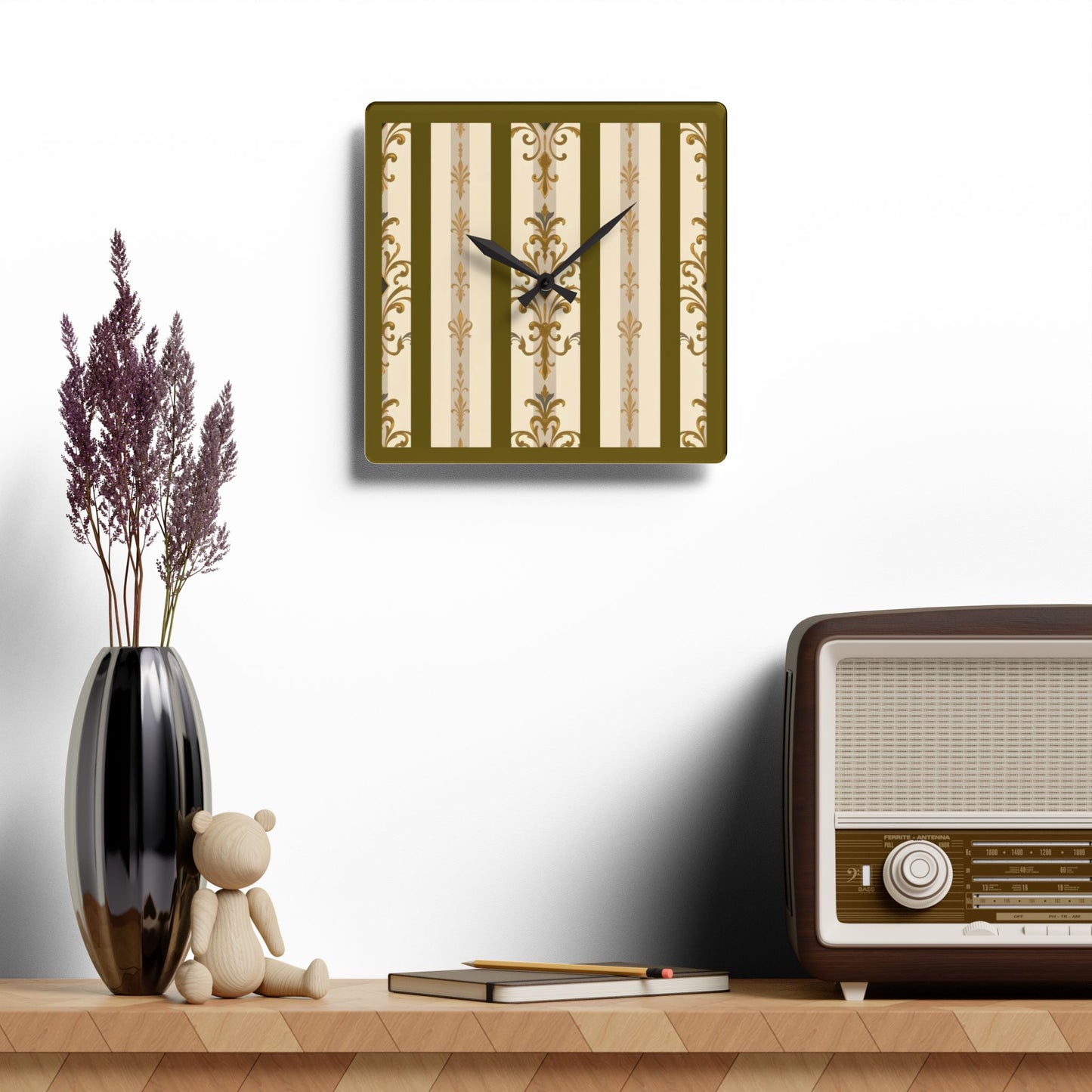 Bohemian Damask-Inspired Acrylic Wall Clock with Floral Design - Olive Striped Gold Damask