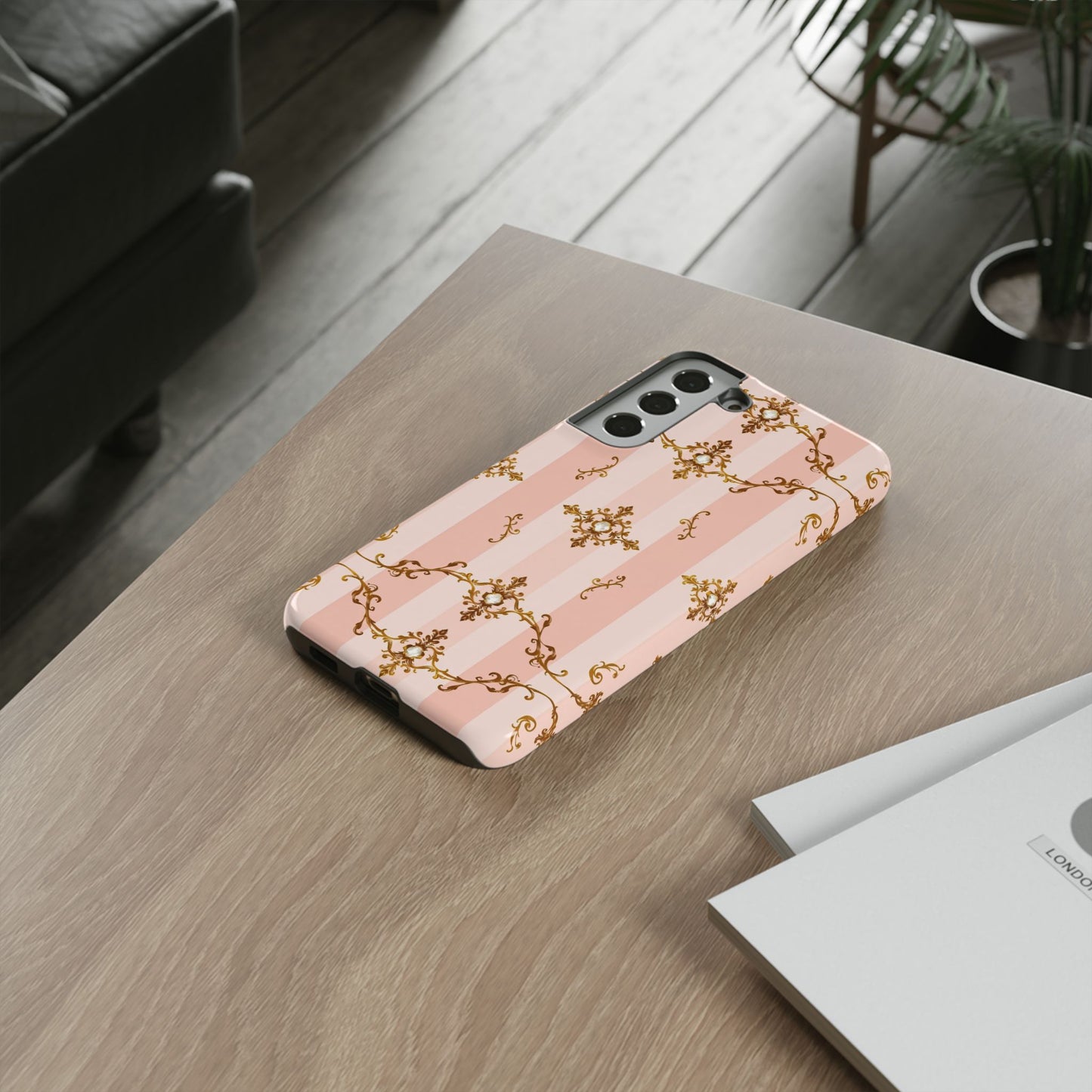 Elegant Floral Phone Case, Tough Cases for Women, Trendy Phone Cover, Chic Gift - Pink Jeweled Striped Gold Baroque