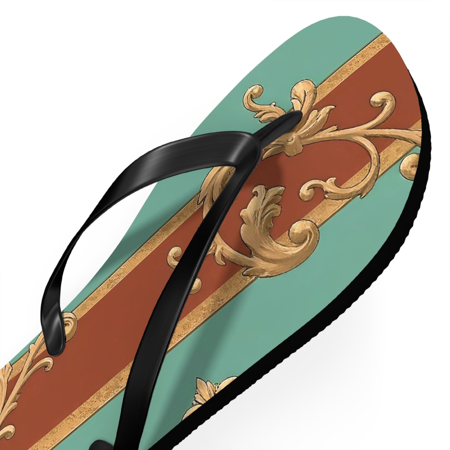 Elegant Vintage Flip Flops with Ornate Design - Perfect for Summer & Beach Getaways - Rust & Mint Aqua Striped Baroque