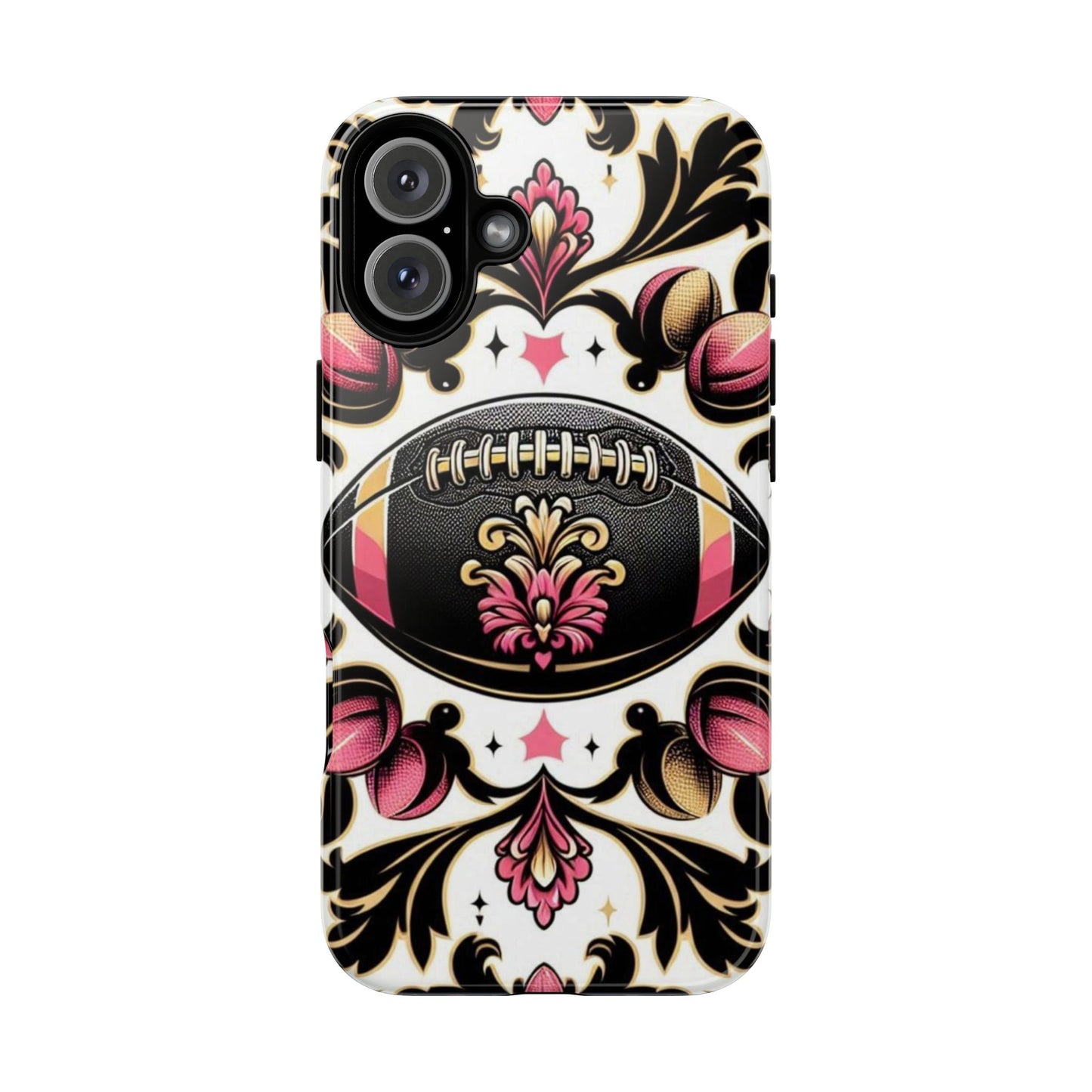 Elegant Floral Motif Phone Case - Tough Cases with Vintage Design - Damask White, Pink Gold & Black Football