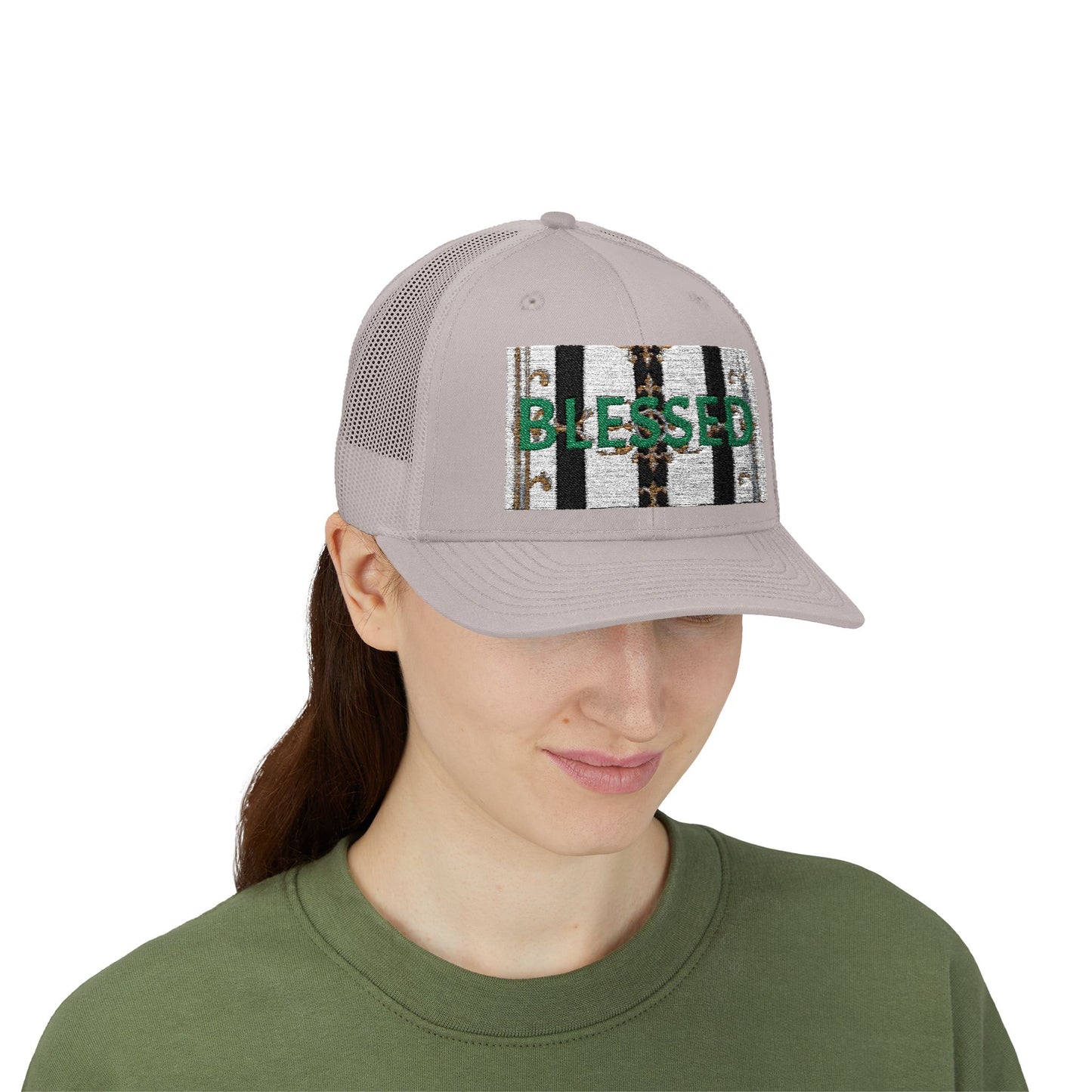 Blessed Snapback Trucker Cap | Casual Style, Outdoor Gear, Faith-Based Gift, Adjustable Hat, Everyday Fashion - Black & White Striped Gold Baroque