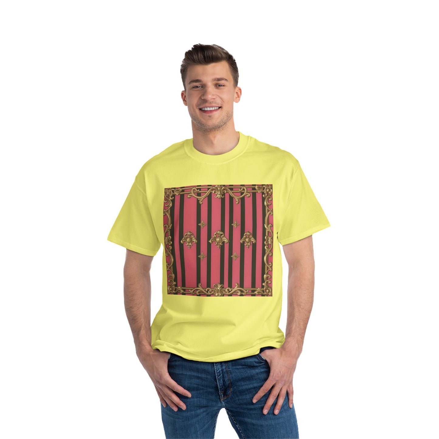 Elegant Baroque Short-Sleeve T-Shirt - Artistic Fashion, Graphics Tee, Unique Gift, Stylish Apparel, Casual Wear - Pink Striped Gold Rococo