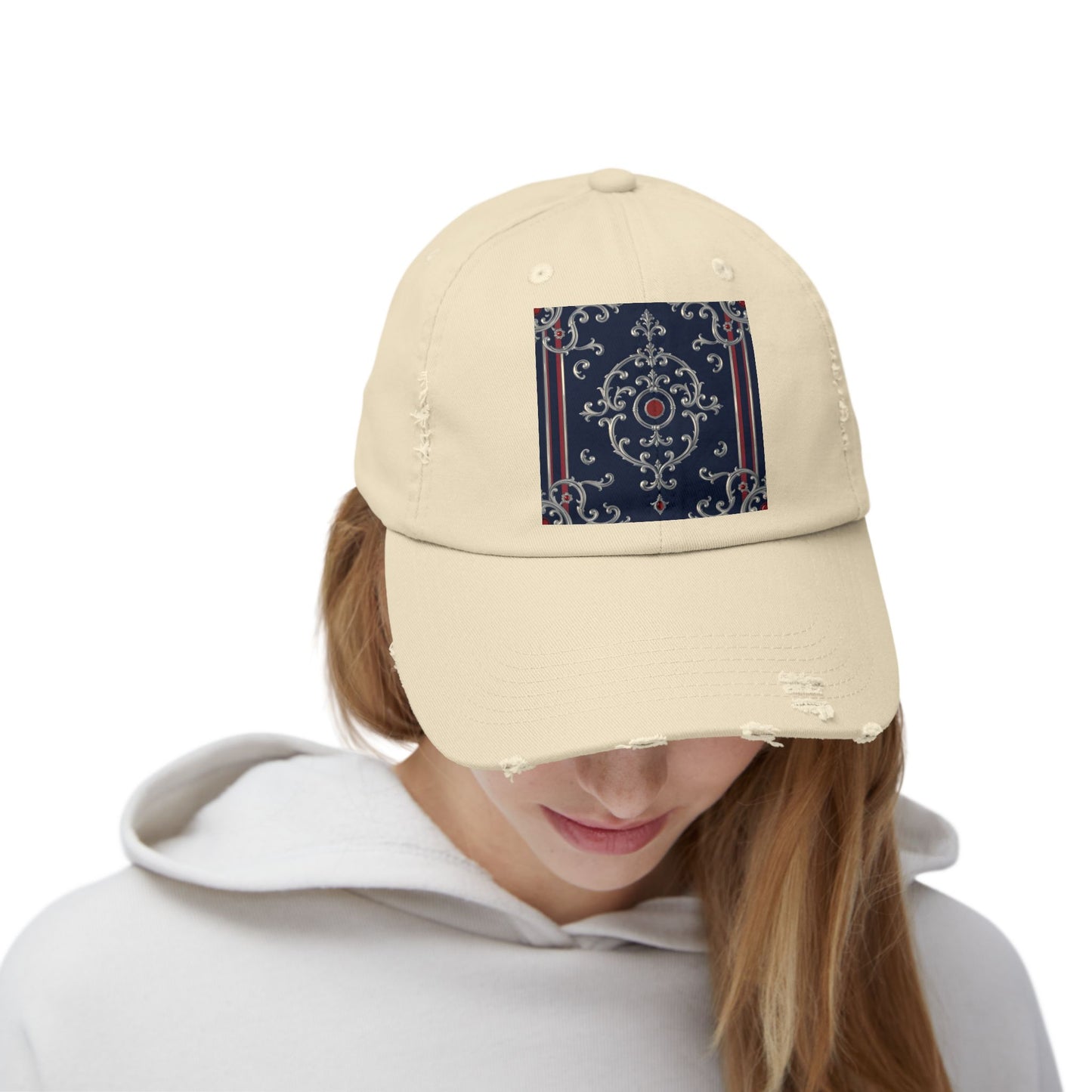 Stylish Unisex Distressed Cap with Ornate Design, Casual Hat for Outdoor Adventures, Beach Days - Blue & Red Silver Baroque