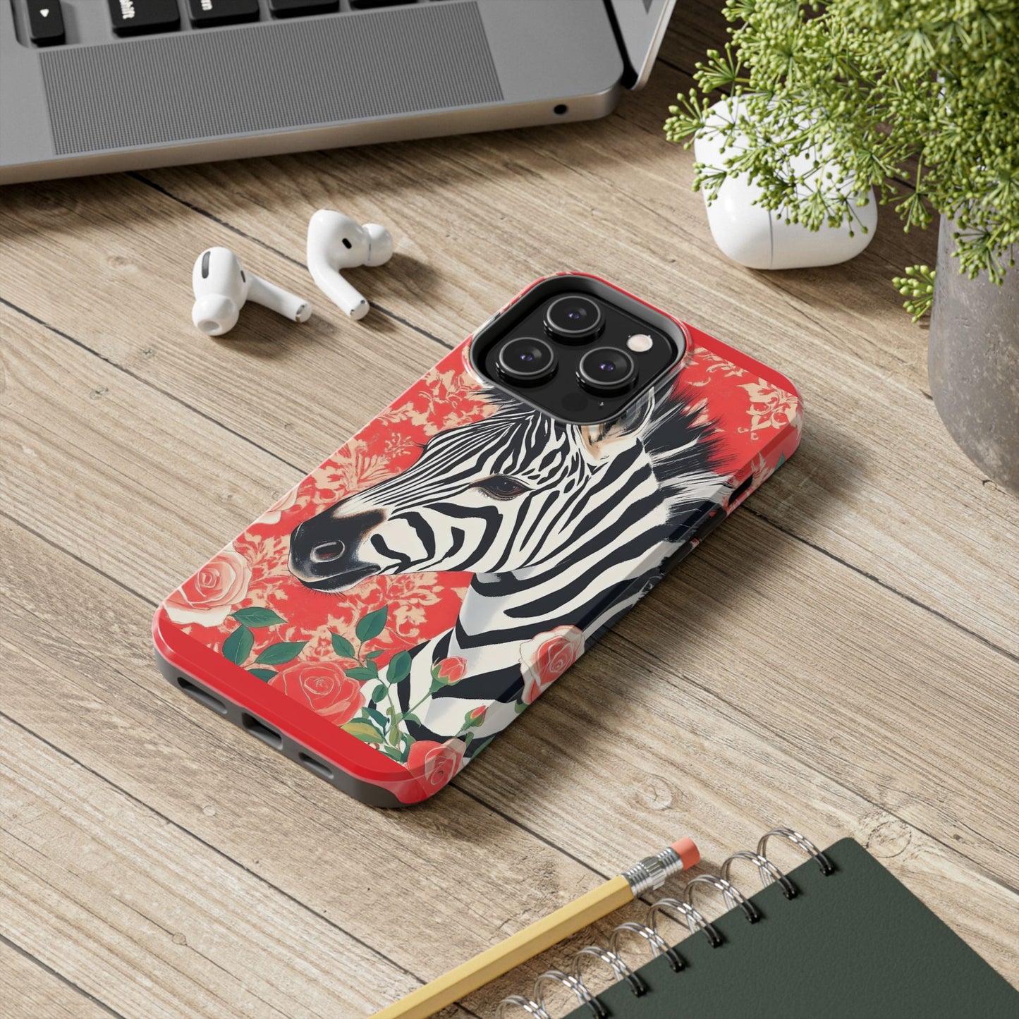 Zebra Tough Phone Case - Trendy Floral Design for Animal Lovers - Zebra With Coral Roses & Damask