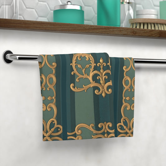 Elegant Floral Face Towel for Home Spa and Everyday Use - Smoky Blue & Teal Striped Baroque