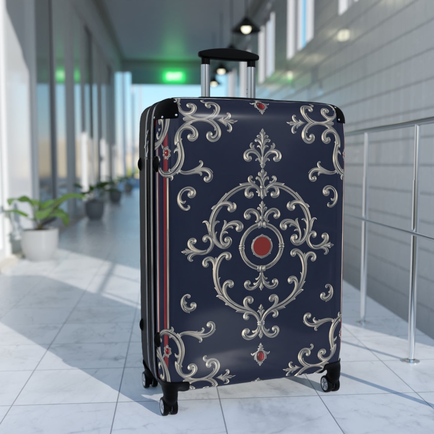 Stylish Travel Suitcase with Elegant Design, Luggage for Vacations, Weekend Getaways, Travel Accessories - Blue & Red Silver Baroque