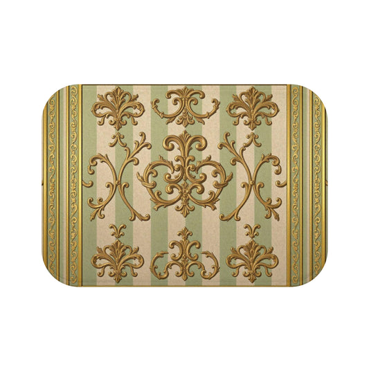 Elegant Vintage Bath Mat, Luxurious Classic Bathroom Decor, Floral Pattern Bath Rug - Mint Green & Beige Striped Gold Baroque