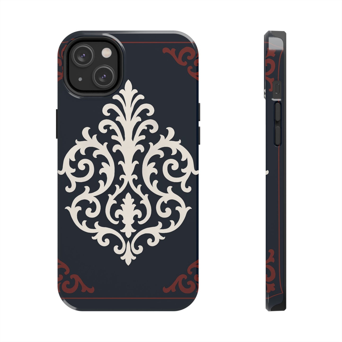Dusk Blue-Maroon & White Baroque Tough Phone Case — Vintage Scroll Design