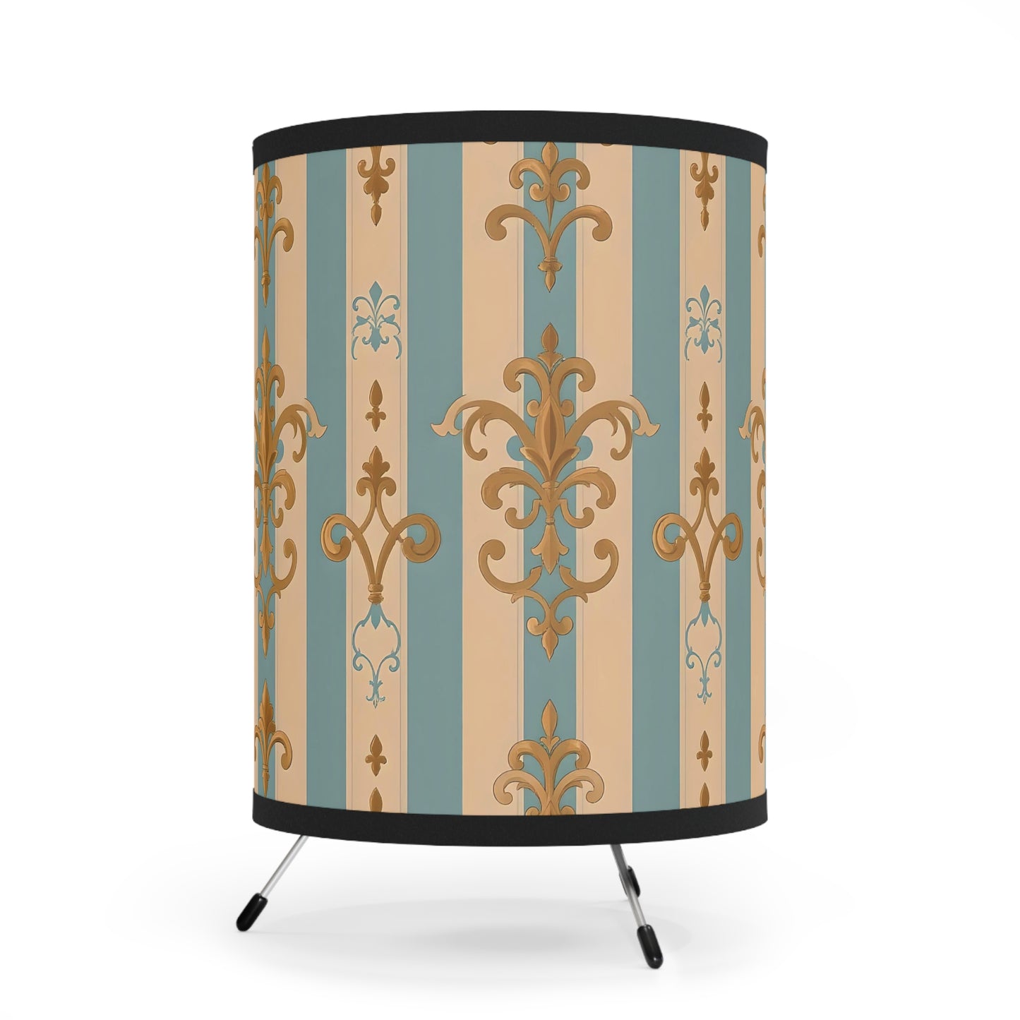 Elegant Tripod Lamp with Vintage Floral Print Shade - High-Res Home Accent - Beige & Sky Blue Striped Gold Damask