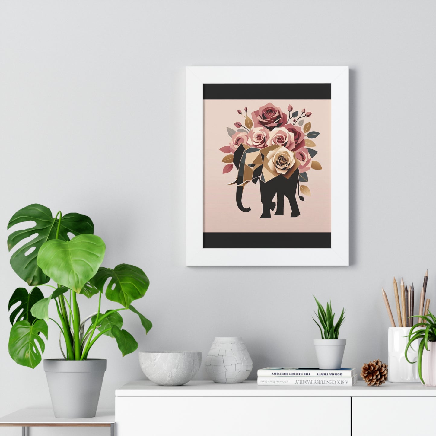 Vertical Poster - Black & Gold Elephant & Roses Wall Art