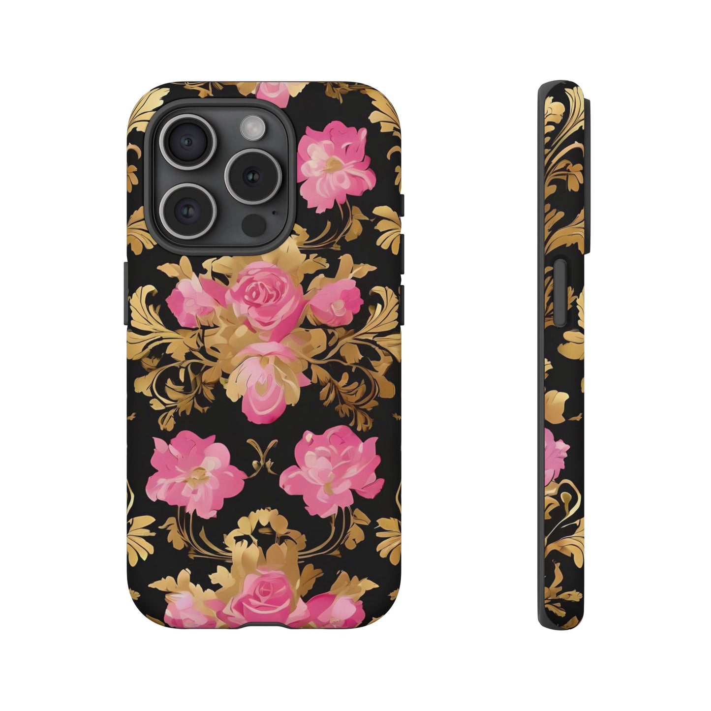 Elegant Floral Motif Phone Case - Tough Cases with Vintage Design - Pink & Gold Roses