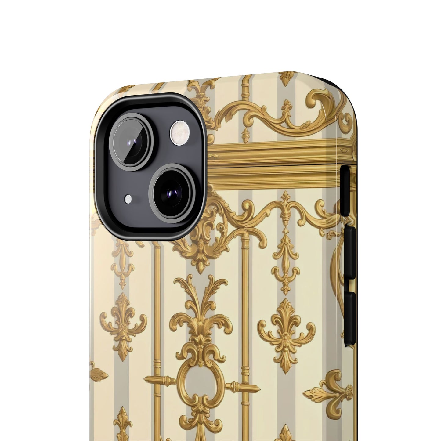 Elegant Gold Pattern Tough Phone Cases | Stylish Phone Covers, Trendy Cell Phone Accessories - Matte Gray & Cream Striped Gold Baroque